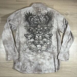 Modern Culture Y2K Style Shirt Men's Button Up Size XL‎ Skull Print Wings